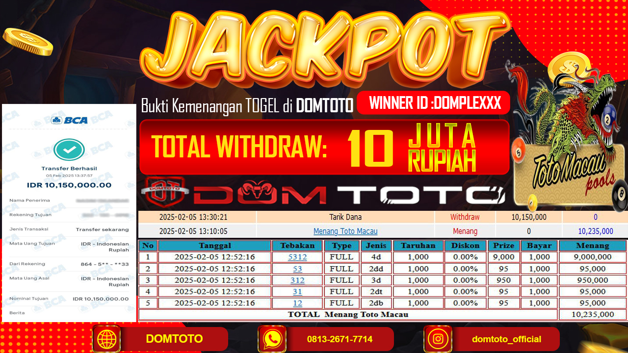 JACKPOT TOGEL TOTOMACAU 4D 5 FEBRUARI 2025